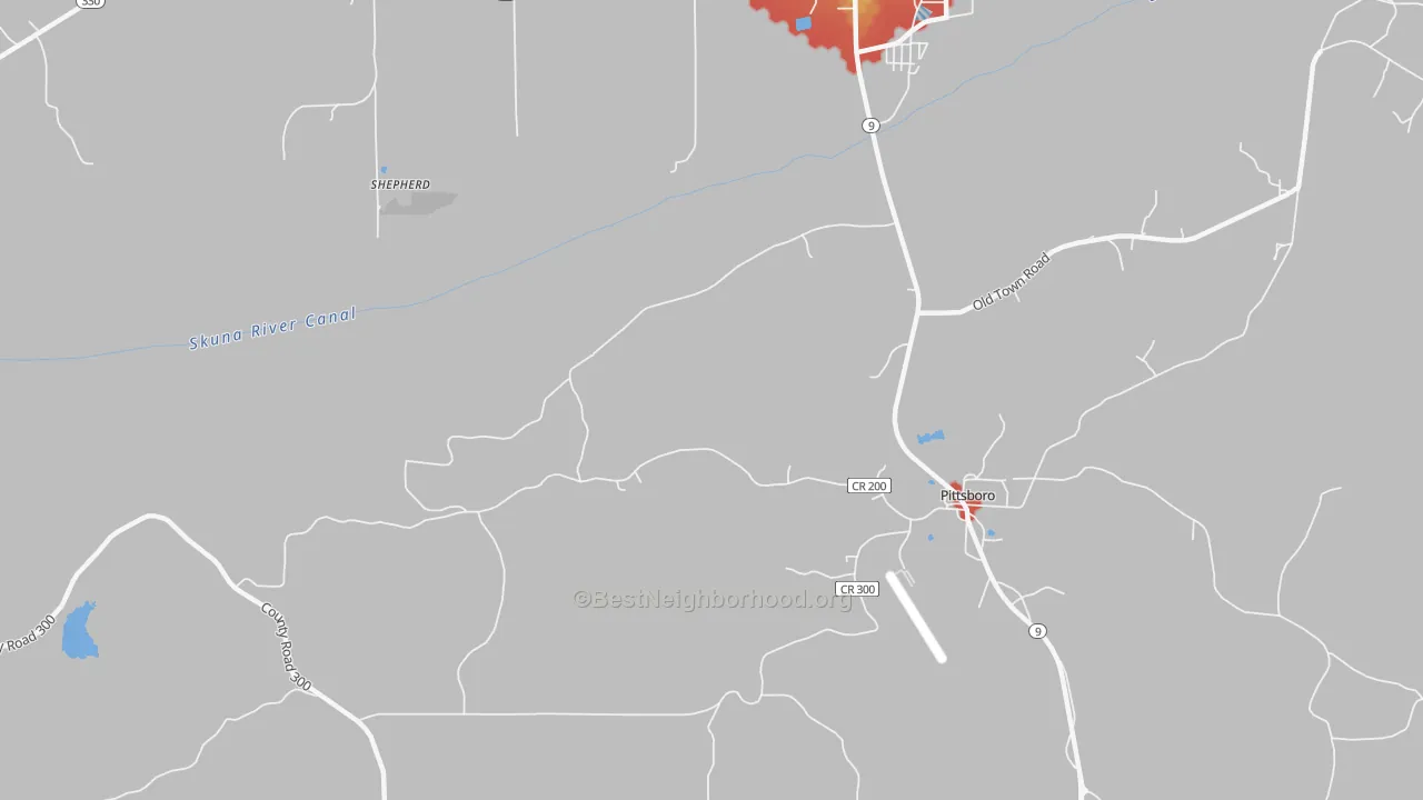 Walk Grade map of Shepherd, MS, walkable areas in green and car-dependent areas in red