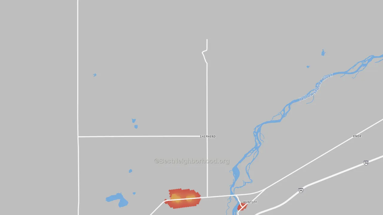 Walk Grade map of Shepherd, MT, walkable areas in green and car-dependent areas in red