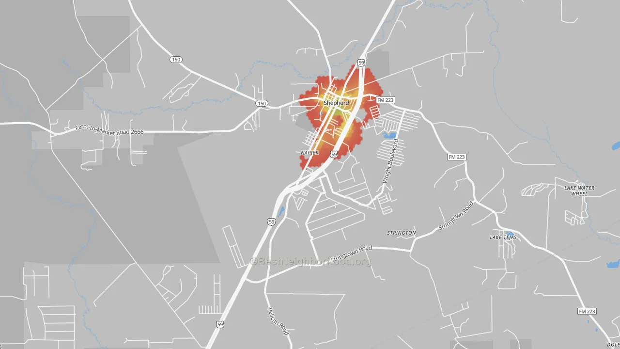 Walk Grade map of Shepherd, TX, walkable areas in green and car-dependent areas in red