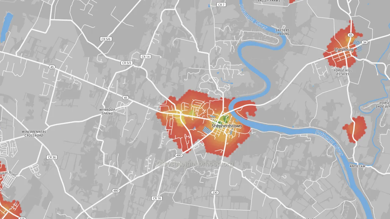 Walk Grade map of Shepherdstown, WV, walkable areas in green and car-dependent areas in red