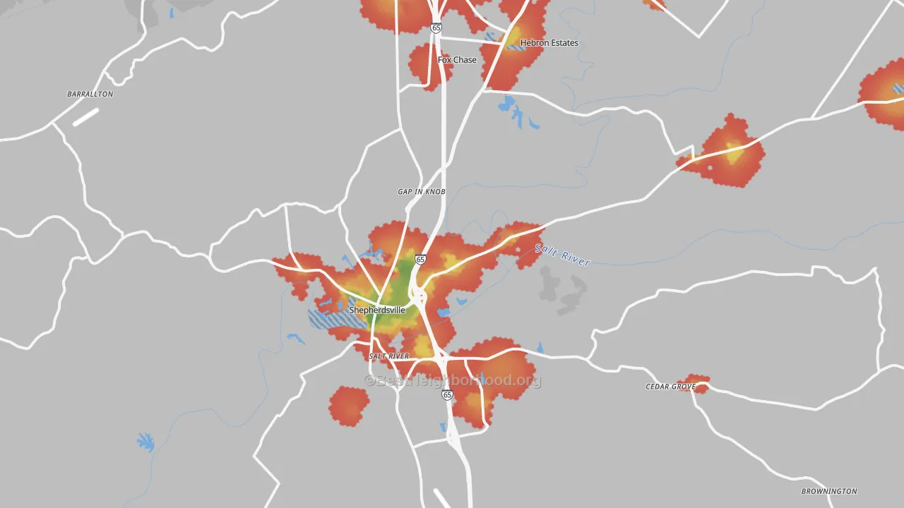 Walk Grade map of Shepherdsville, KY, walkable areas in green and car-dependent areas in red