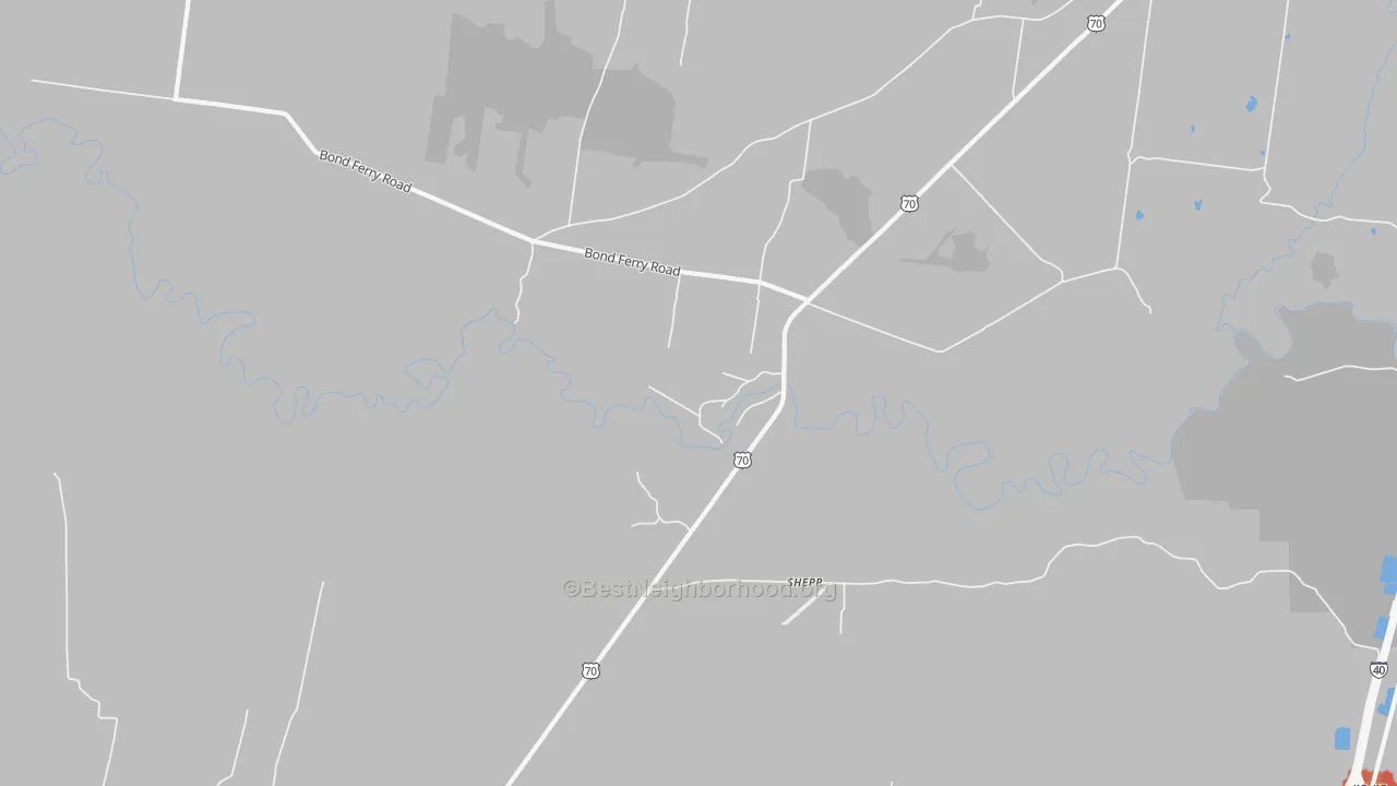 Walk Grade map of Shepp, TN, walkable areas in green and car-dependent areas in red