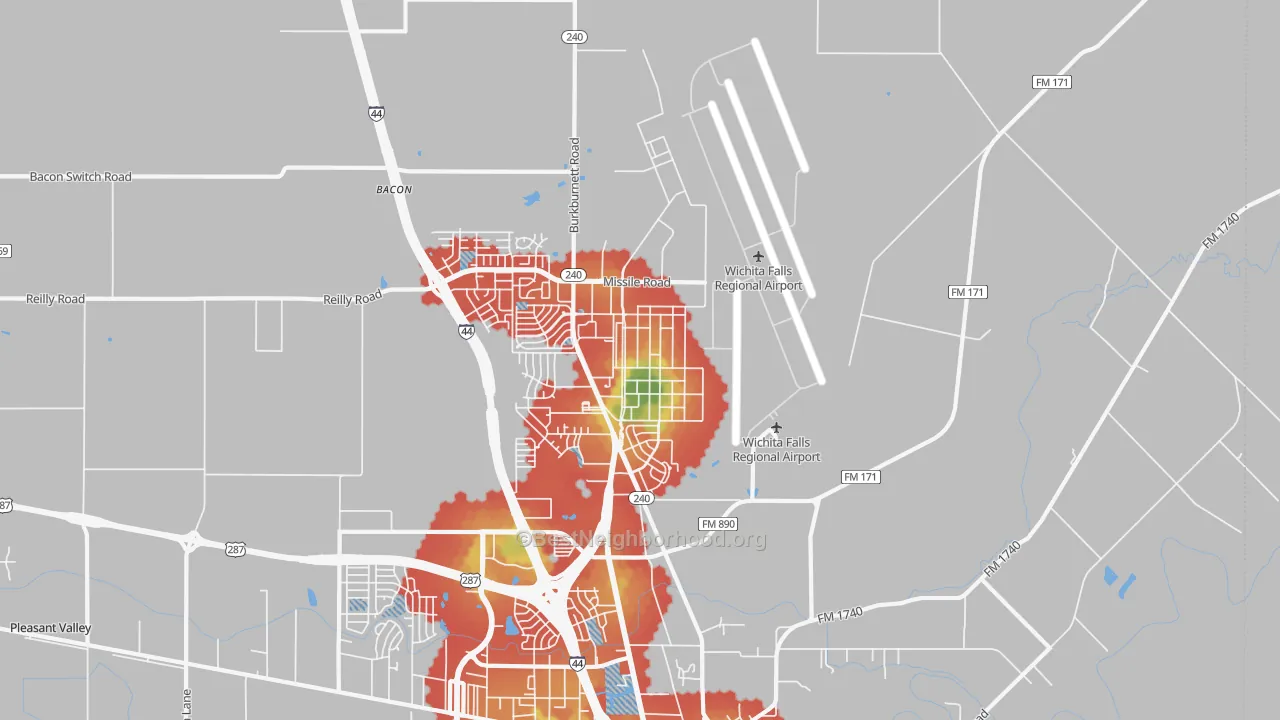 Walk Grade map of Sheppard Afb, TX, walkable areas in green and car-dependent areas in red