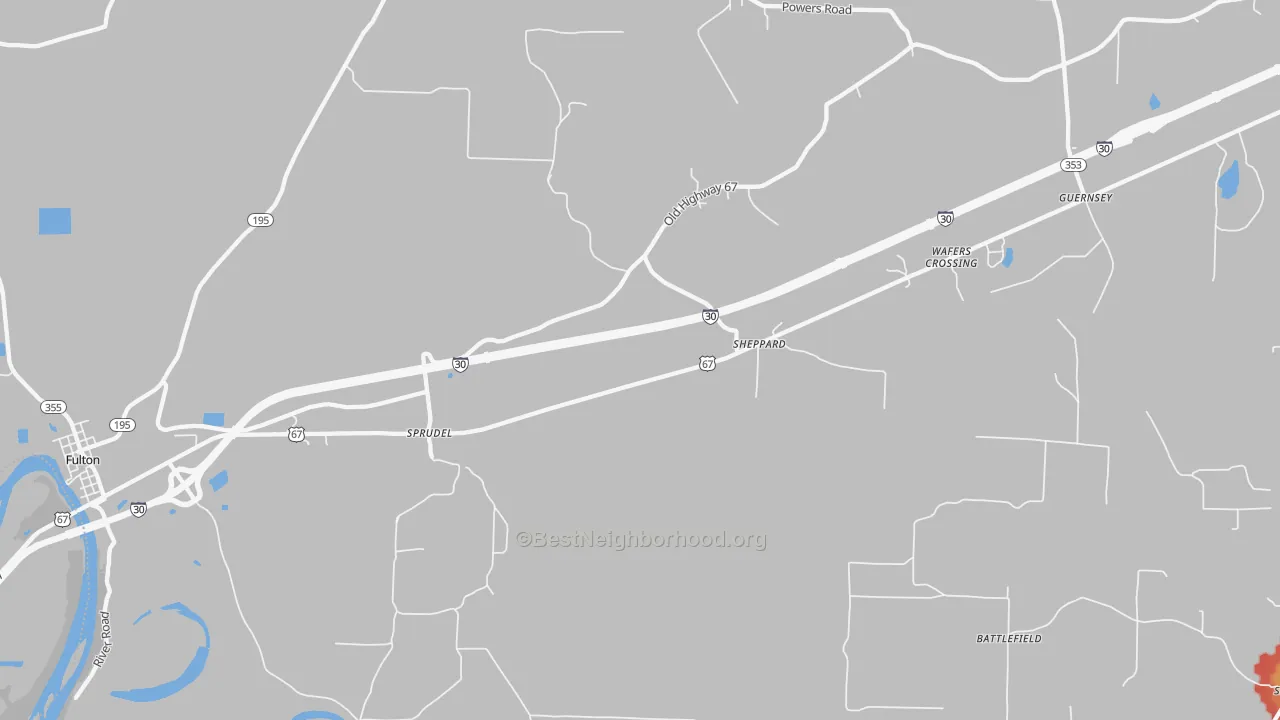Walk Grade map of Sheppard, AR, walkable areas in green and car-dependent areas in red