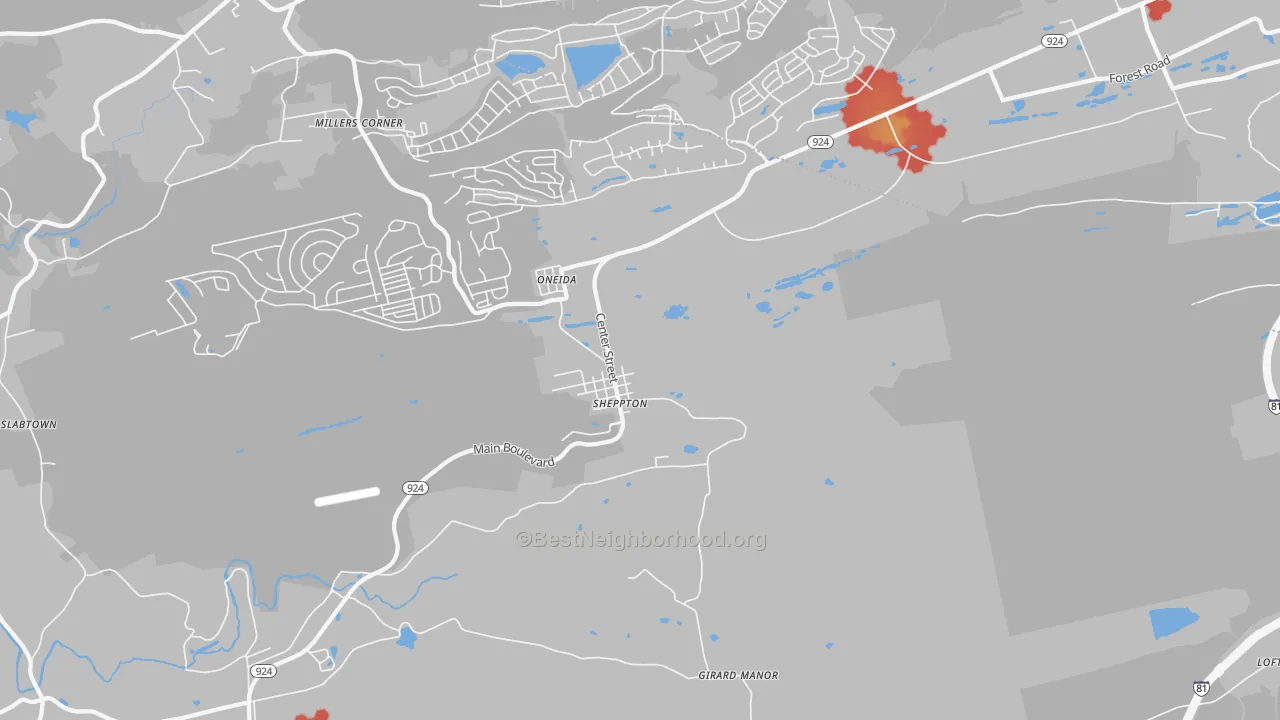Walk Grade map of Sheppton, PA, walkable areas in green and car-dependent areas in red