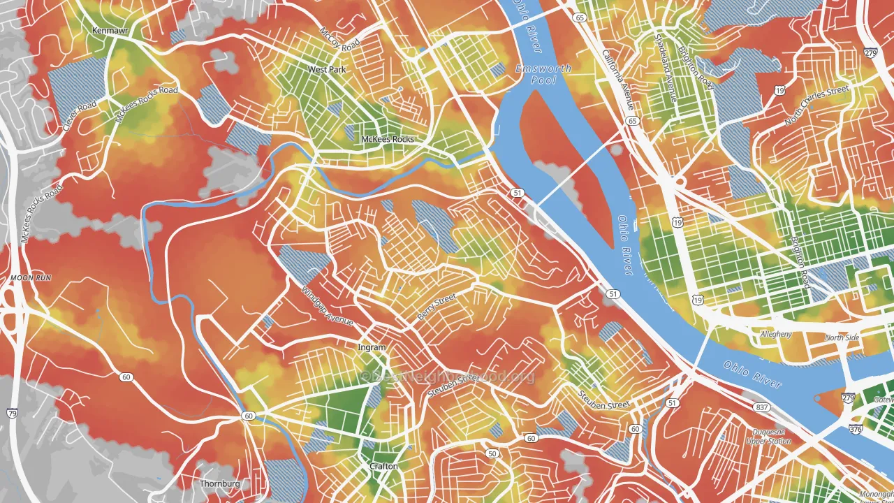 Walk Grade map of Sheraden, Pittsburgh, PA, walkable areas in green and car-dependent areas in red