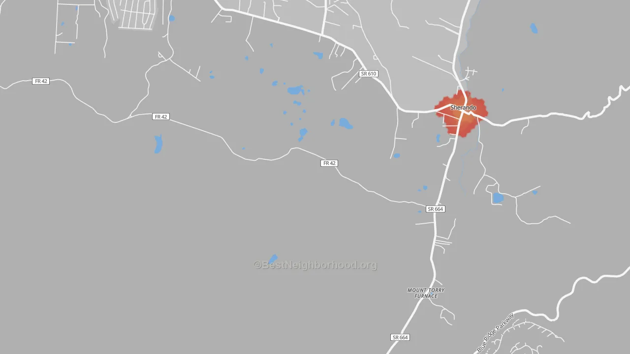 Walk Grade map of Sherando, VA, walkable areas in green and car-dependent areas in red