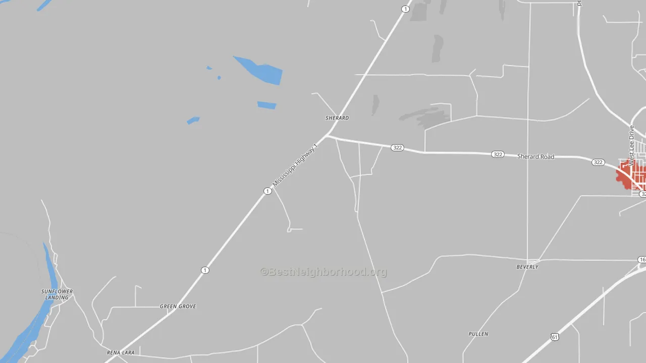 Walk Grade map of Sherard, MS, walkable areas in green and car-dependent areas in red