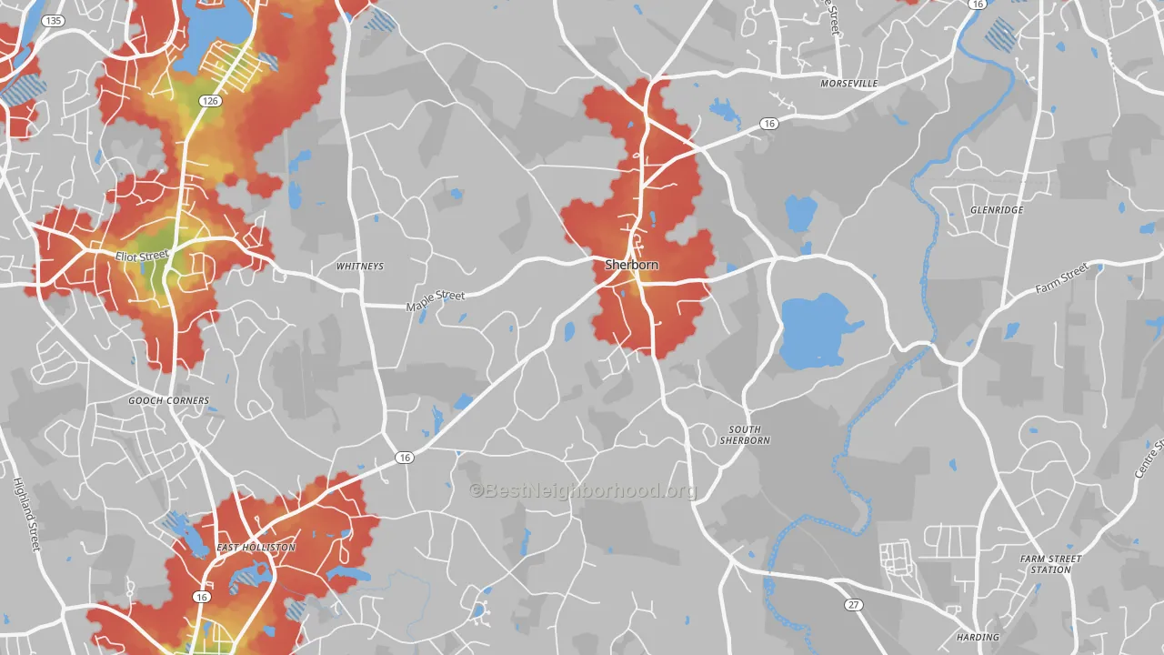 Walk Grade map of Sherborn, MA, walkable areas in green and car-dependent areas in red