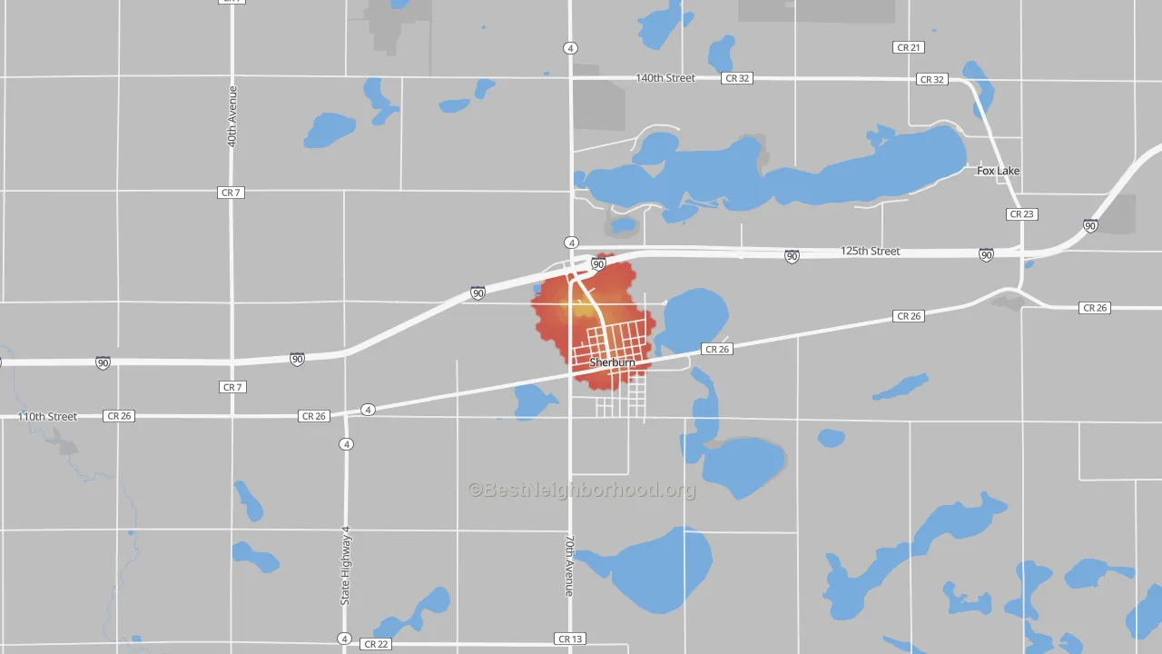 Walk Grade map of Sherburn, MN, walkable areas in green and car-dependent areas in red