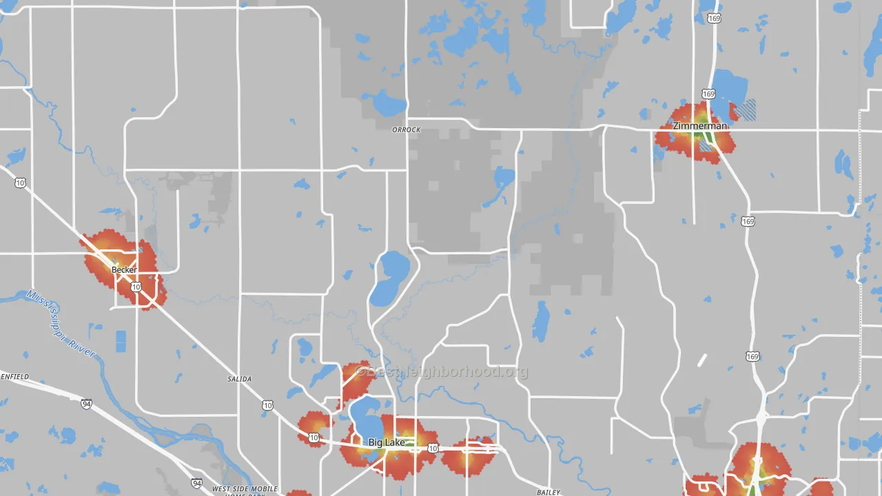 Walk Grade map of Sherburne County, MN, walkable areas in green and car-dependent areas in red