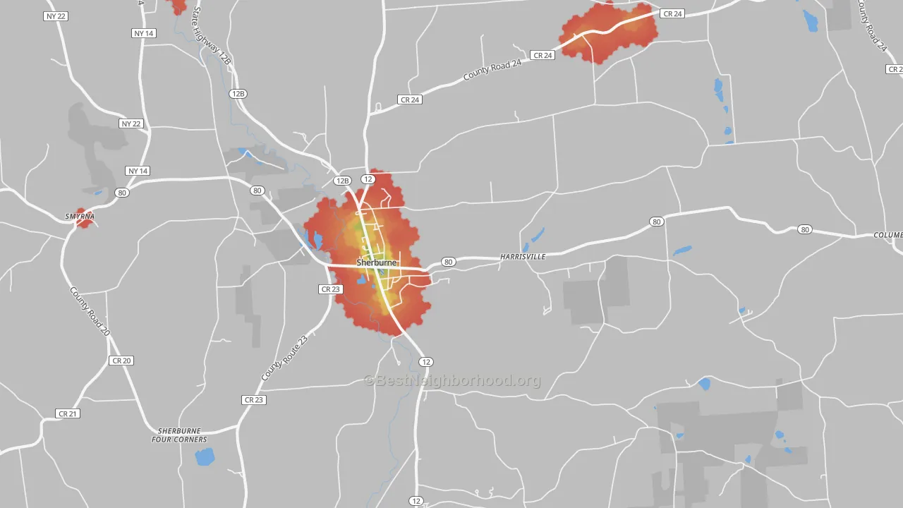 Walk Grade map of Sherburne, NY, walkable areas in green and car-dependent areas in red