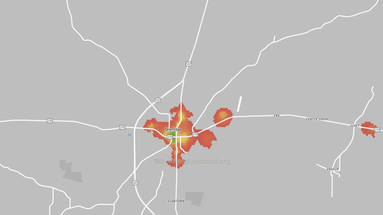 Walk Grade map of Sheridan, AR, walkable areas in green and car-dependent areas in red