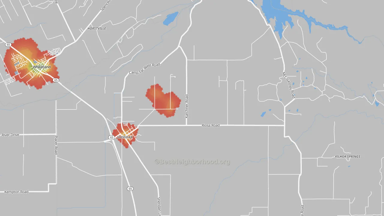 Walk Grade map of Sheridan, CA, walkable areas in green and car-dependent areas in red