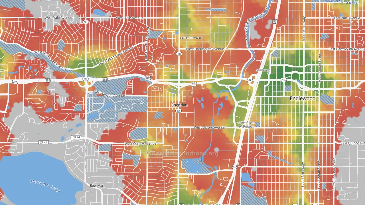 Walk Grade map of Sheridan, CO, walkable areas in green and car-dependent areas in red