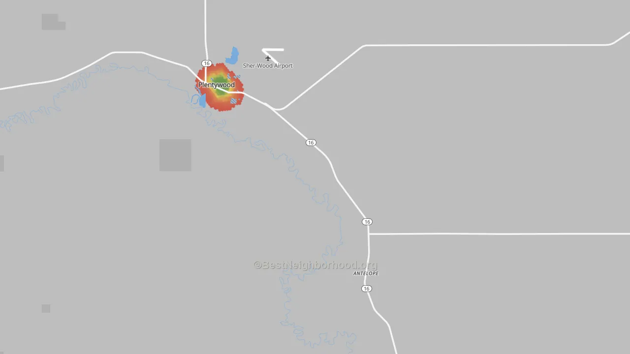 Walk Grade map of Sheridan County, MT, walkable areas in green and car-dependent areas in red
