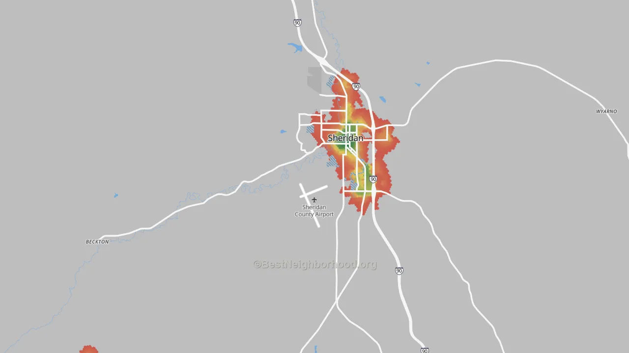 Walk Grade map of Sheridan County, WY, walkable areas in green and car-dependent areas in red