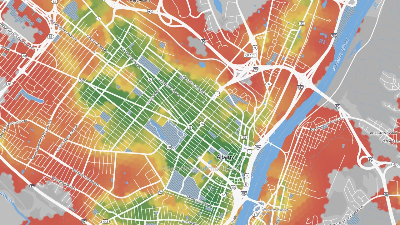Walk Grade map of Sheridan Hollow, Albany, NY, walkable areas in green and car-dependent areas in red