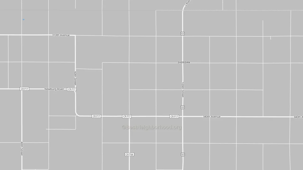 Walk Grade map of Sheridan, IA, walkable areas in green and car-dependent areas in red