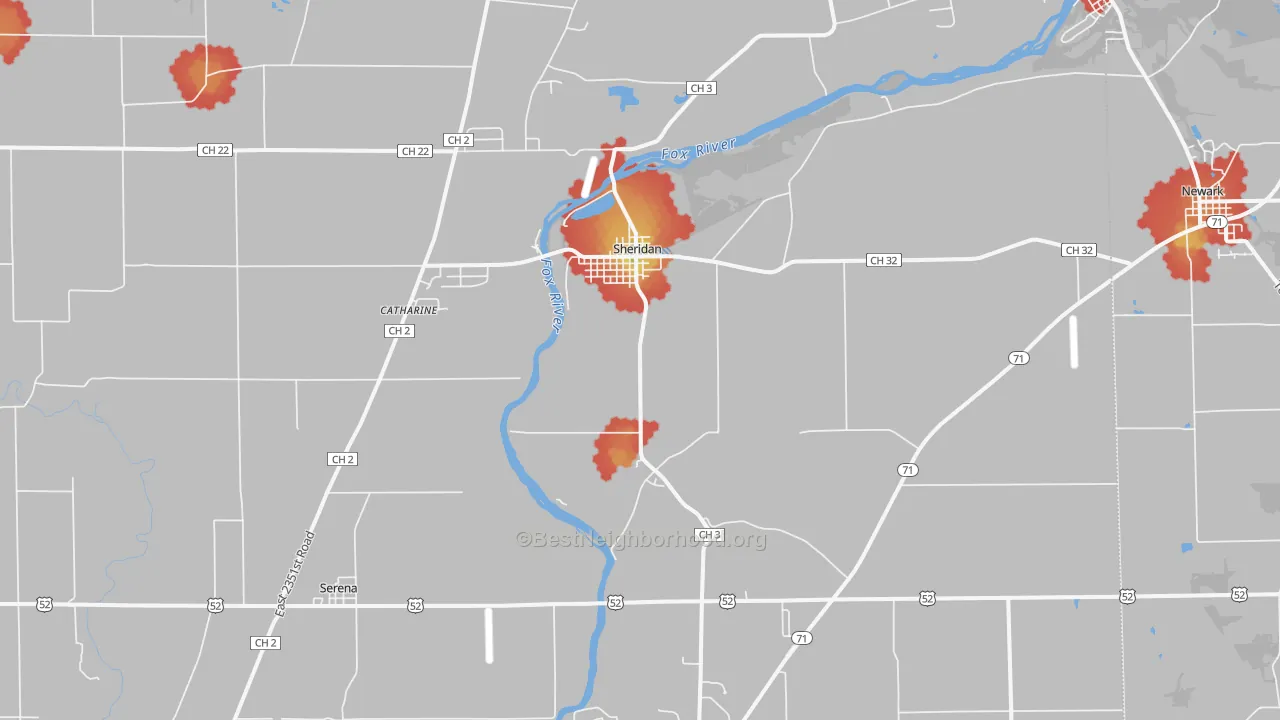 Walk Grade map of Sheridan, IL, walkable areas in green and car-dependent areas in red