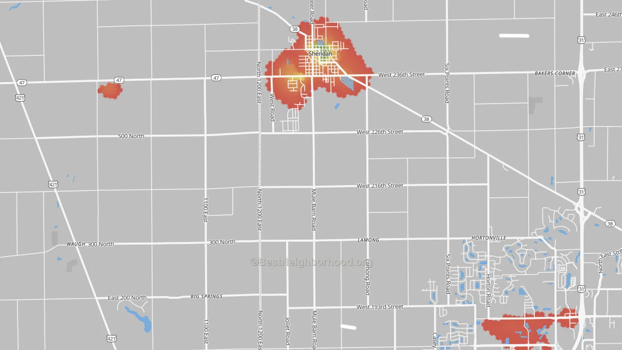 Walk Grade map of Sheridan, IN, walkable areas in green and car-dependent areas in red