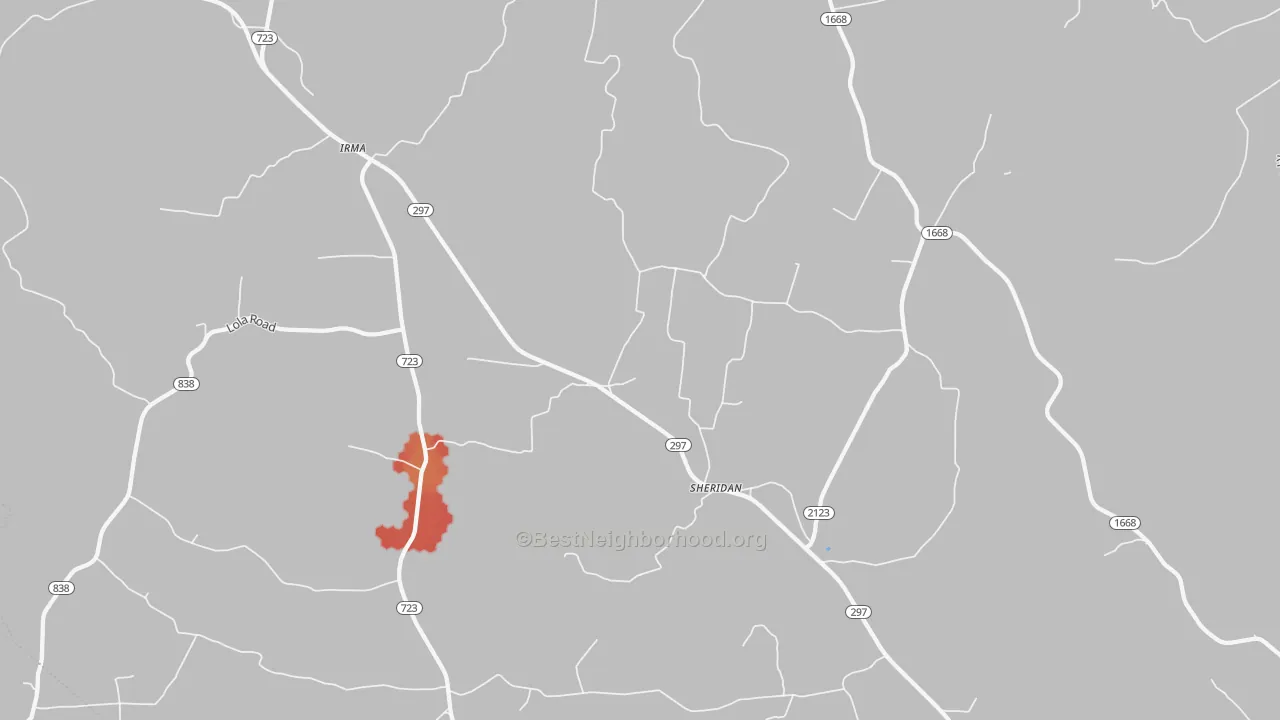 Walk Grade map of Sheridan, KY, walkable areas in green and car-dependent areas in red