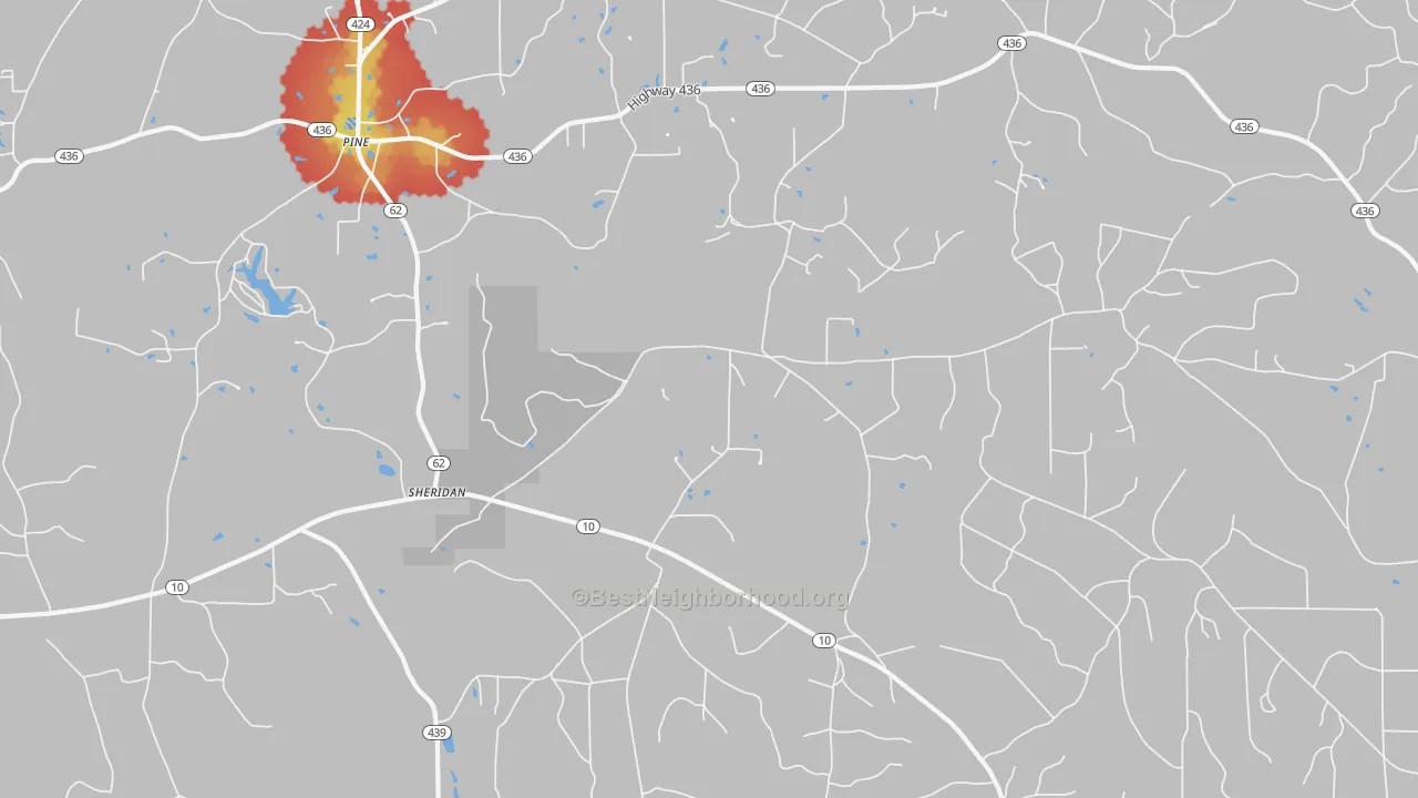 Walk Grade map of Sheridan, LA, walkable areas in green and car-dependent areas in red