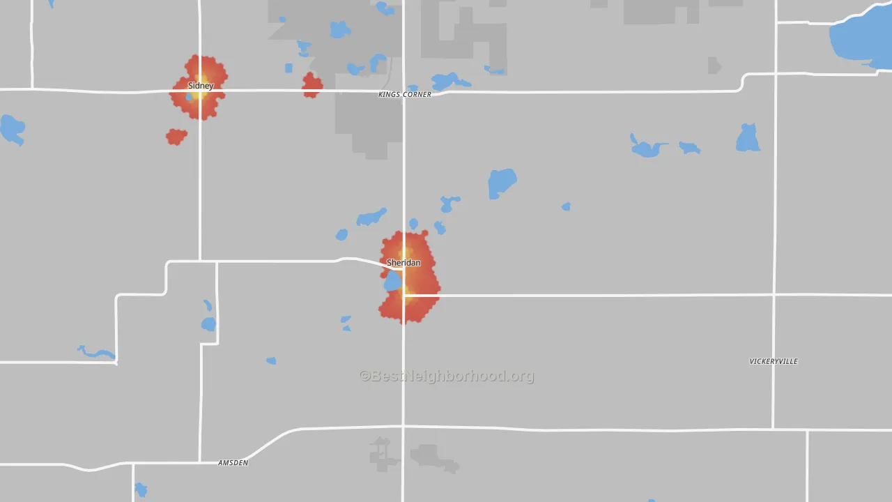 Walk Grade map of Sheridan, MI, walkable areas in green and car-dependent areas in red