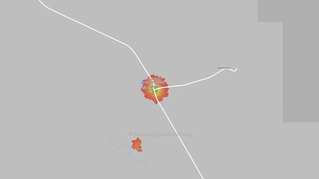 Walk Grade map of Sheridan, MT, walkable areas in green and car-dependent areas in red