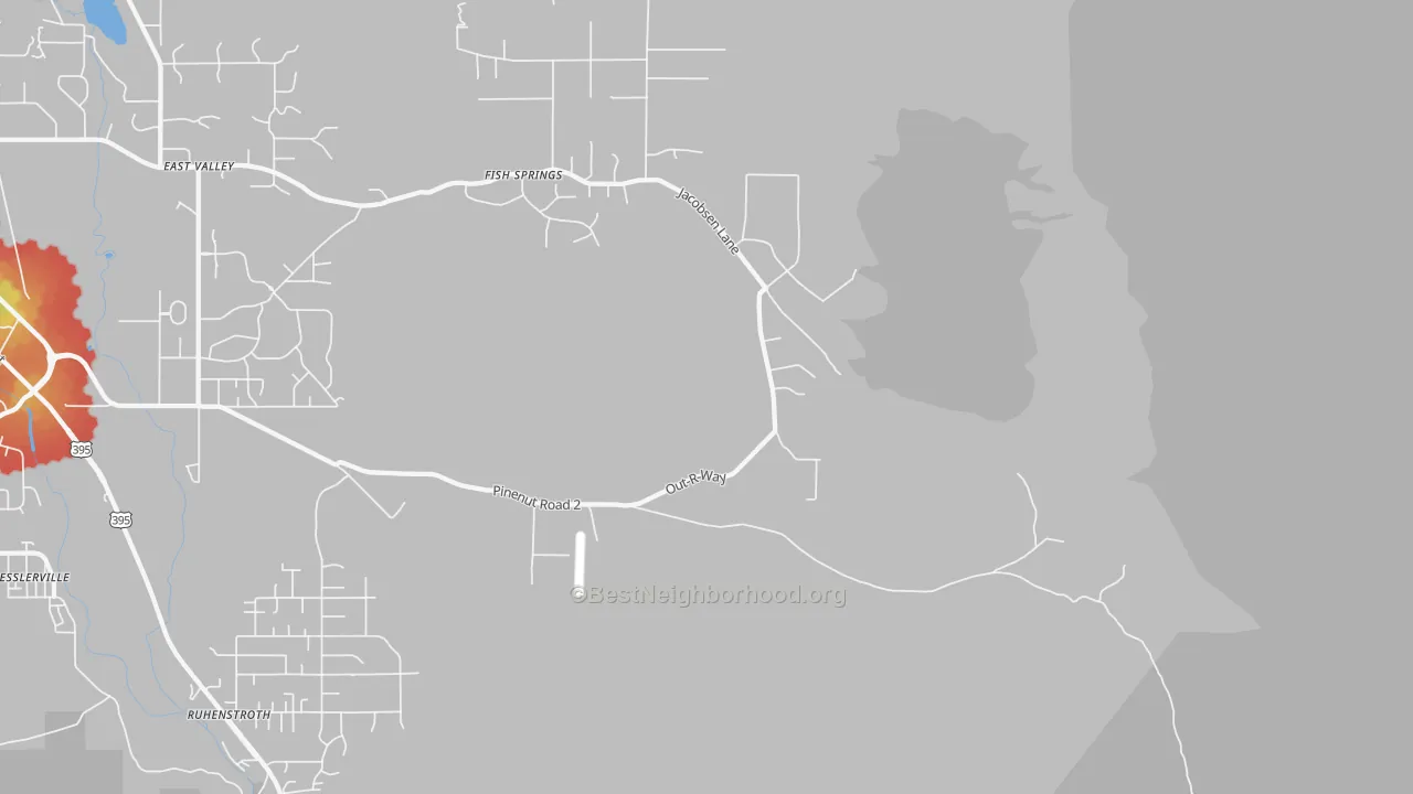 Walk Grade map of Sheridan, NV, walkable areas in green and car-dependent areas in red