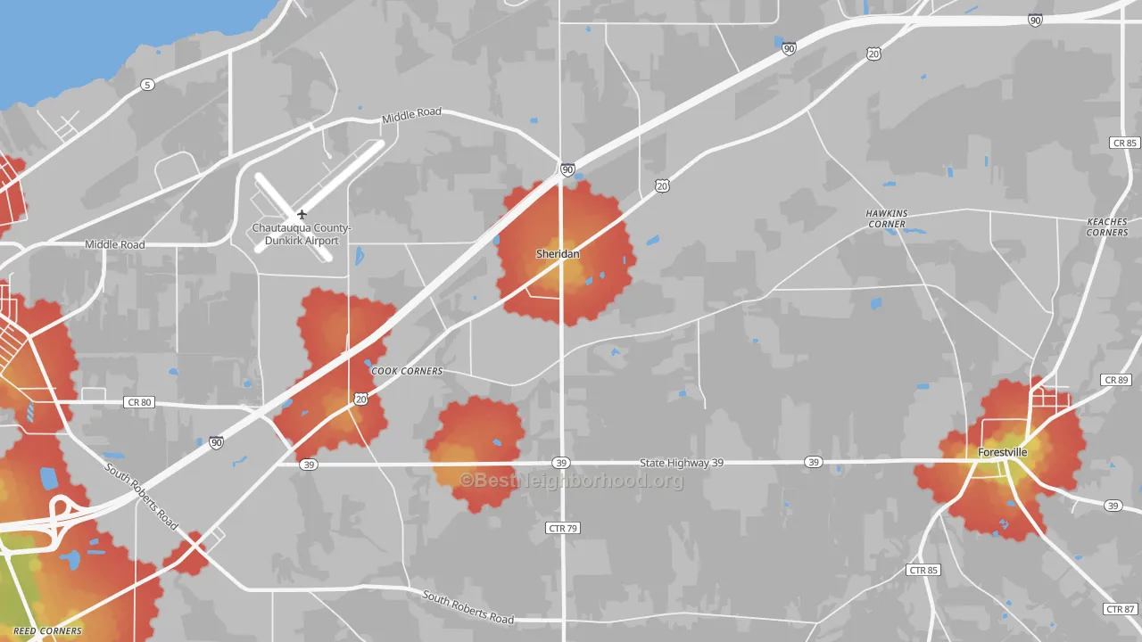 Walk Grade map of Sheridan, NY, walkable areas in green and car-dependent areas in red