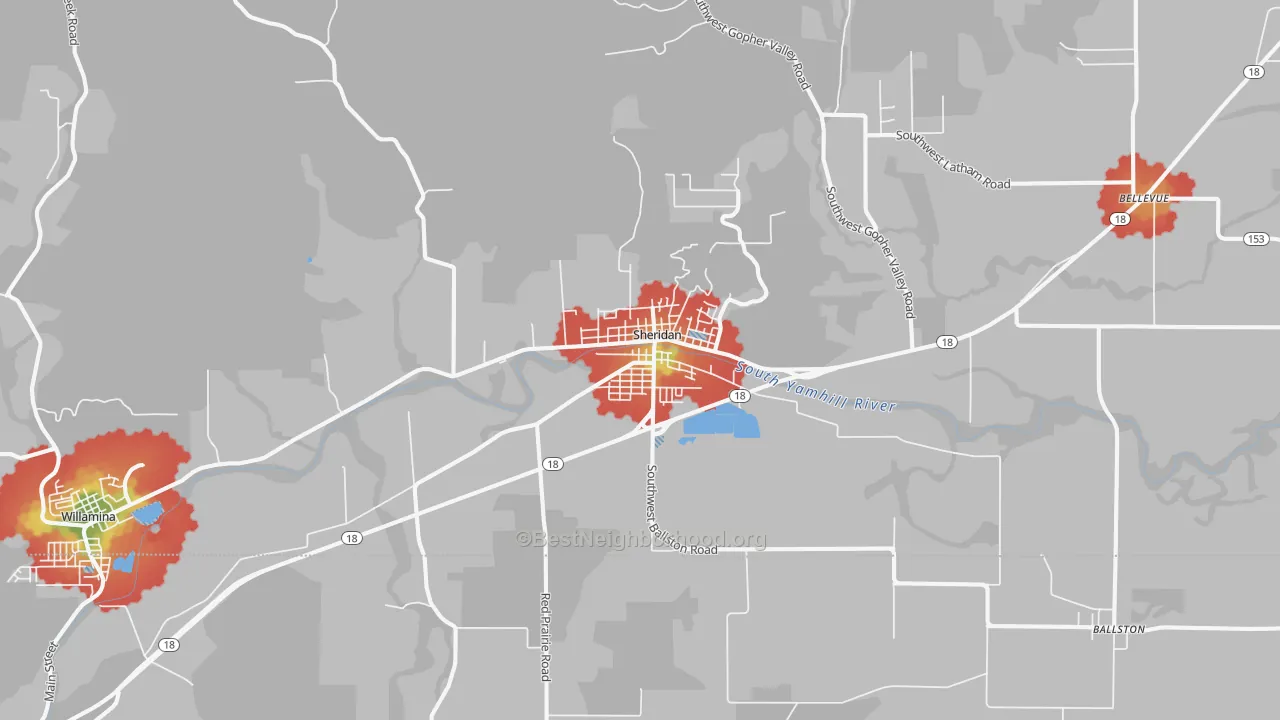 Walk Grade map of Sheridan, OR, walkable areas in green and car-dependent areas in red