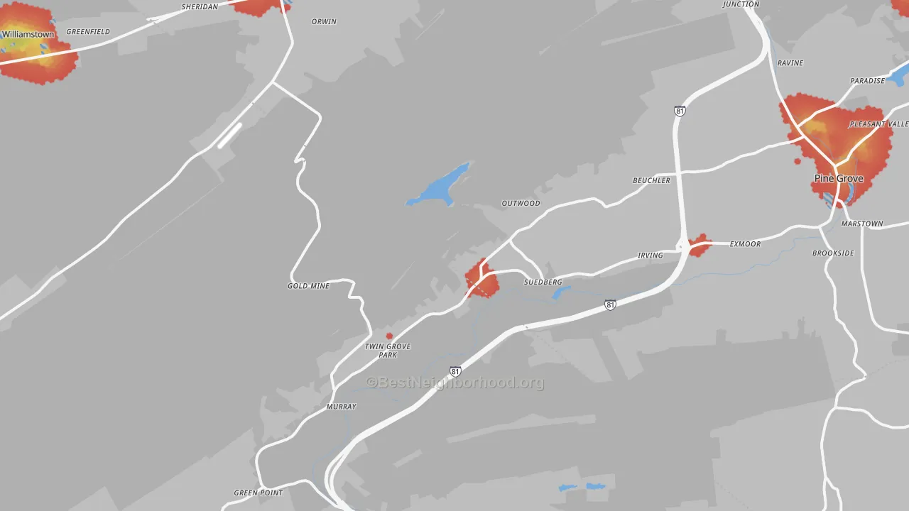Walk Grade map of Sheridan, PA, walkable areas in green and car-dependent areas in red