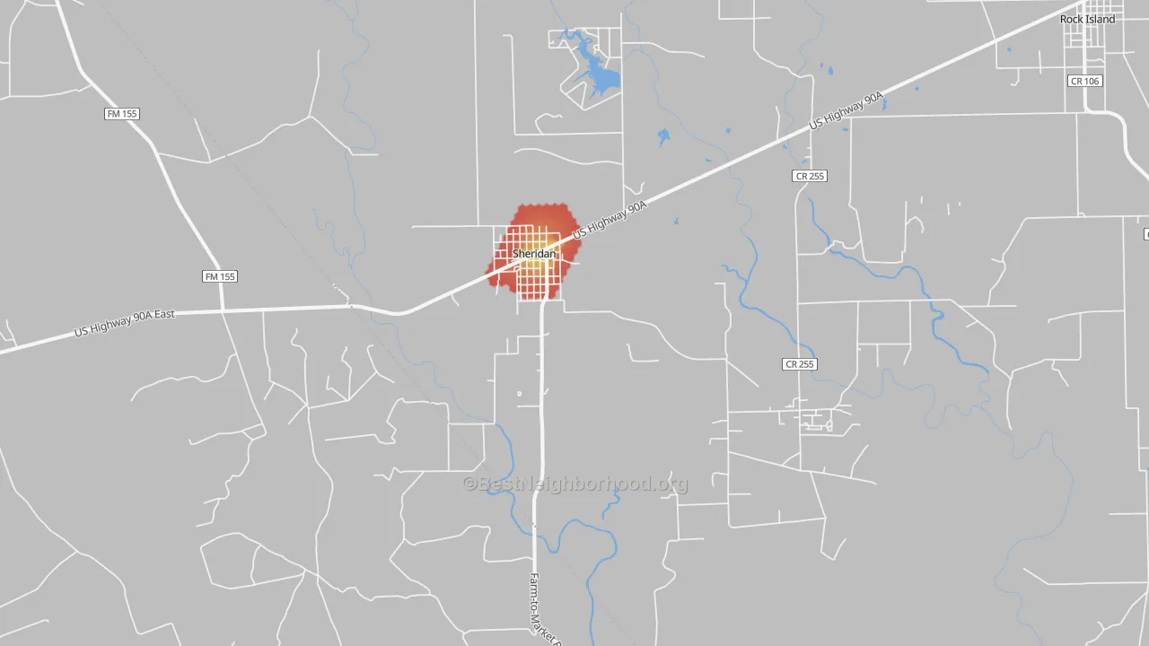 Walk Grade map of Sheridan, TX, walkable areas in green and car-dependent areas in red