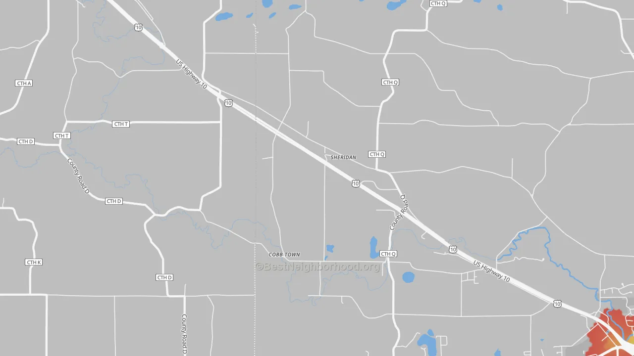 Walk Grade map of Sheridan, WI, walkable areas in green and car-dependent areas in red