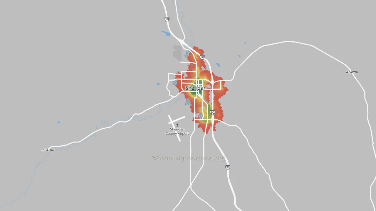 Walk Grade map of Sheridan, WY, walkable areas in green and car-dependent areas in red