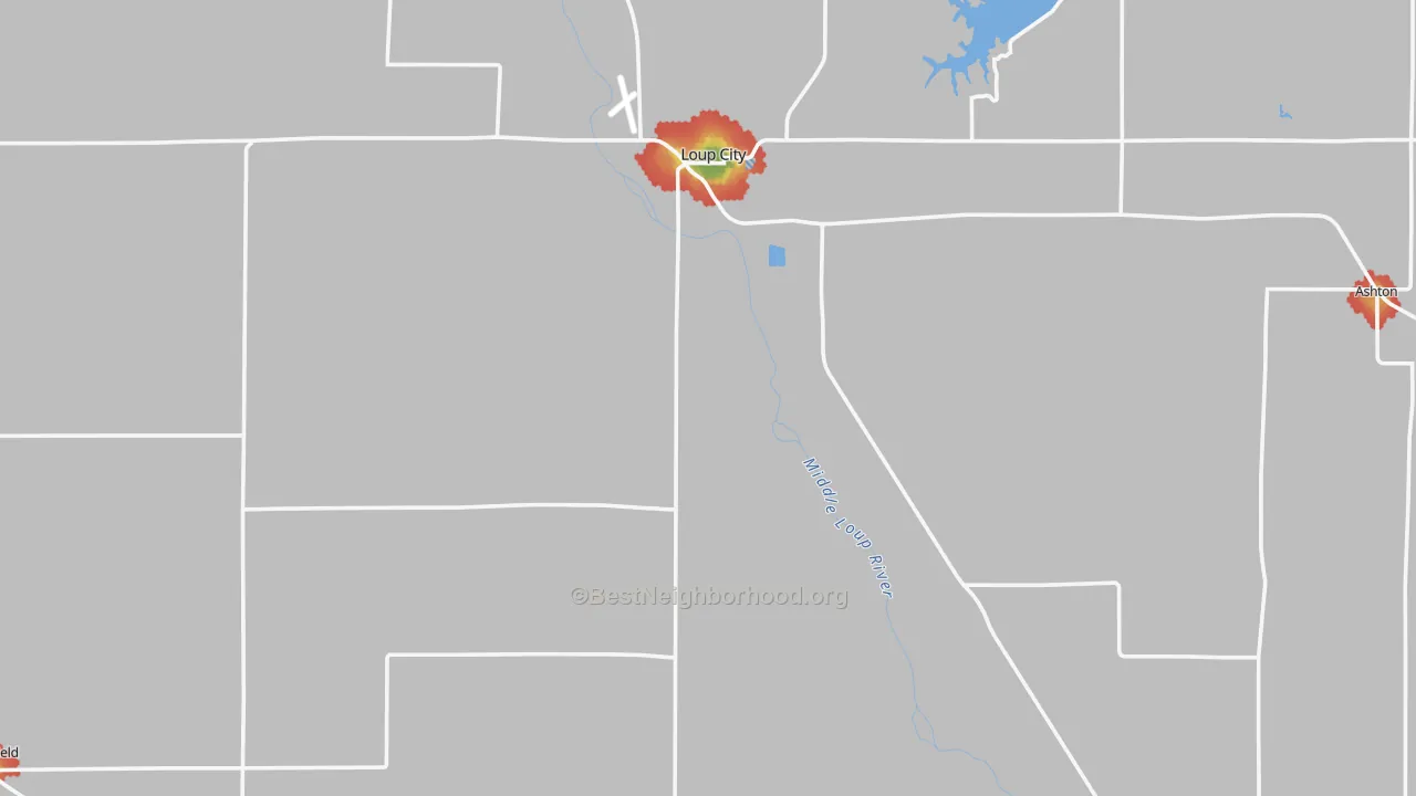 Walk Grade map of Sherman County, NE, walkable areas in green and car-dependent areas in red
