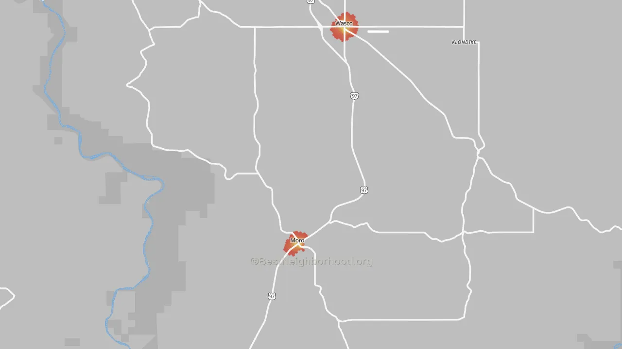 Walk Grade map of Sherman County, OR, walkable areas in green and car-dependent areas in red