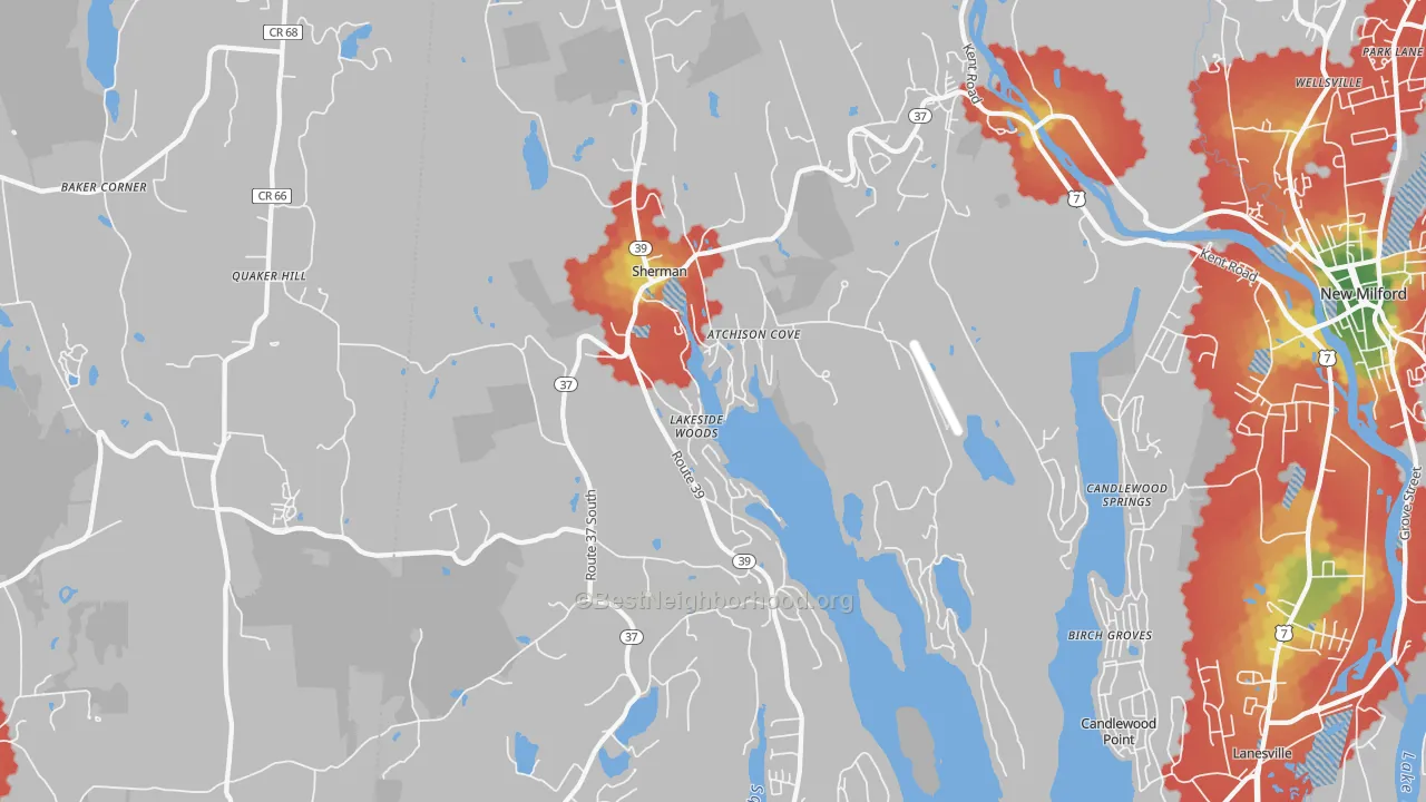 Walk Grade map of Sherman, CT, walkable areas in green and car-dependent areas in red