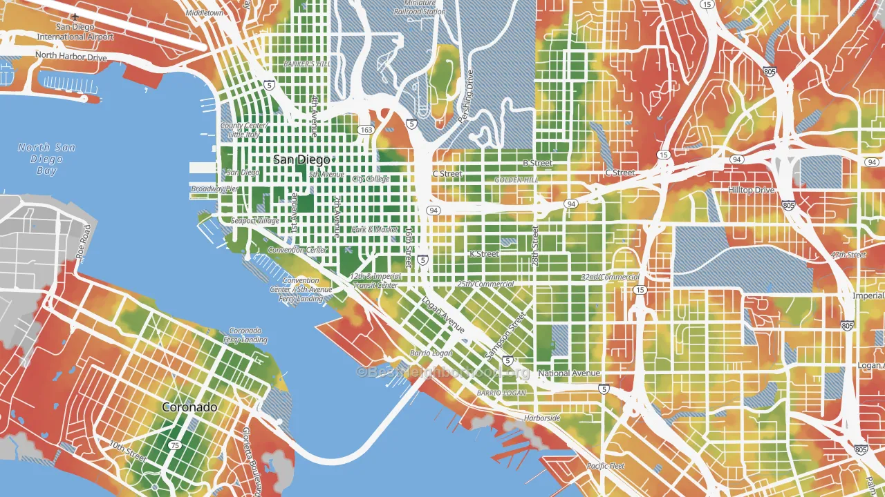 Walk Grade map of Sherman Heights, San Diego, CA, walkable areas in green and car-dependent areas in red