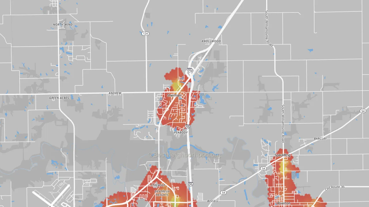 Walk Grade map of Sherman, IL, walkable areas in green and car-dependent areas in red