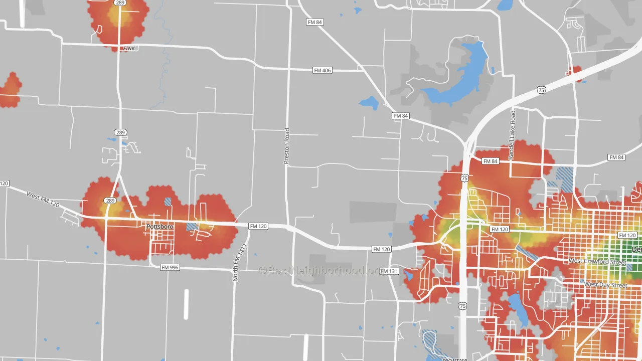 Walk Grade map of Sherman Junction, TX, walkable areas in green and car-dependent areas in red
