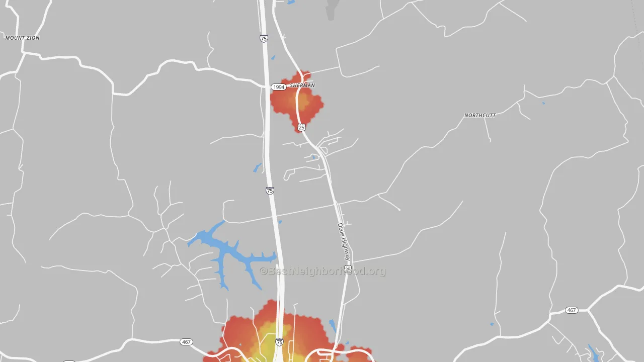 Walk Grade map of Sherman, KY, walkable areas in green and car-dependent areas in red