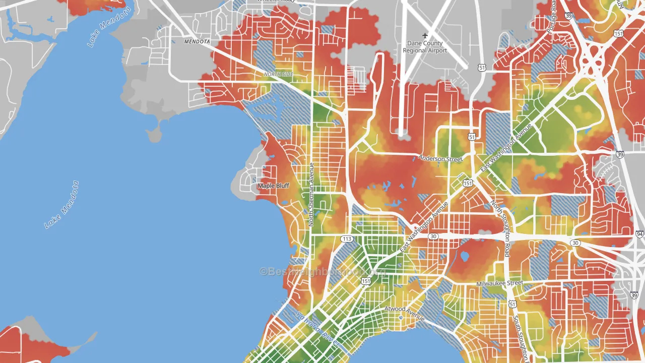 Walk Grade map of Sherman, Madison, WI, walkable areas in green and car-dependent areas in red
