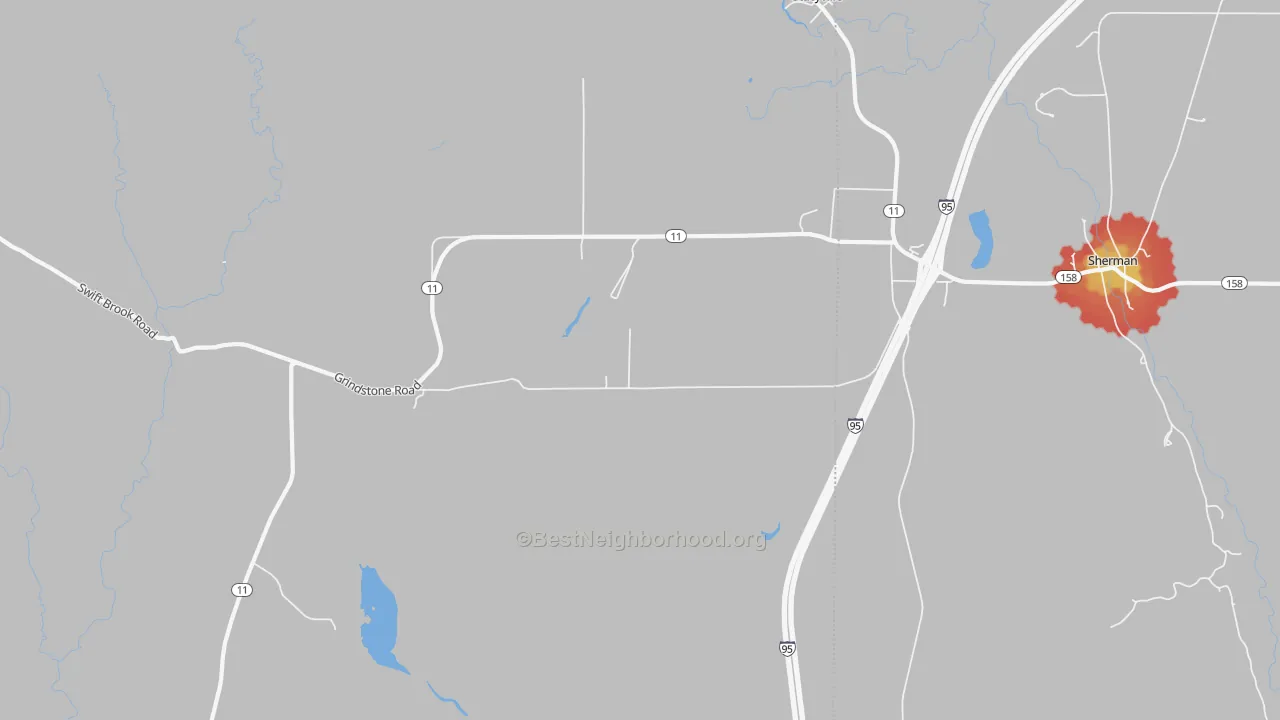Walk Grade map of Sherman, ME, walkable areas in green and car-dependent areas in red