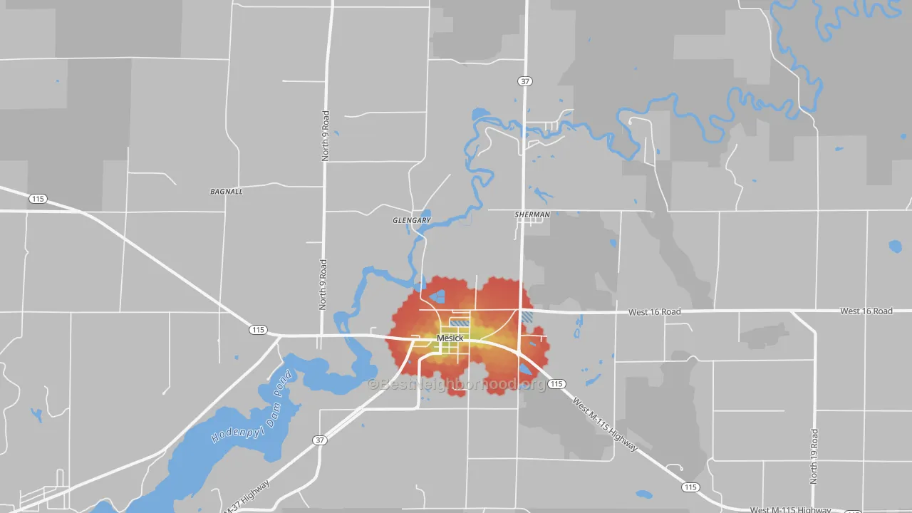 Walk Grade map of Sherman, MI, walkable areas in green and car-dependent areas in red