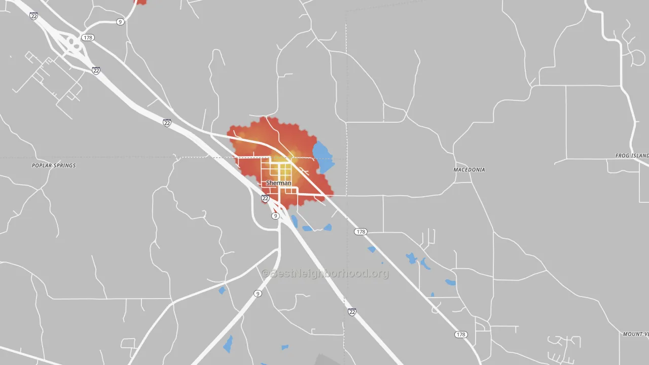 Walk Grade map of Sherman, MS, walkable areas in green and car-dependent areas in red