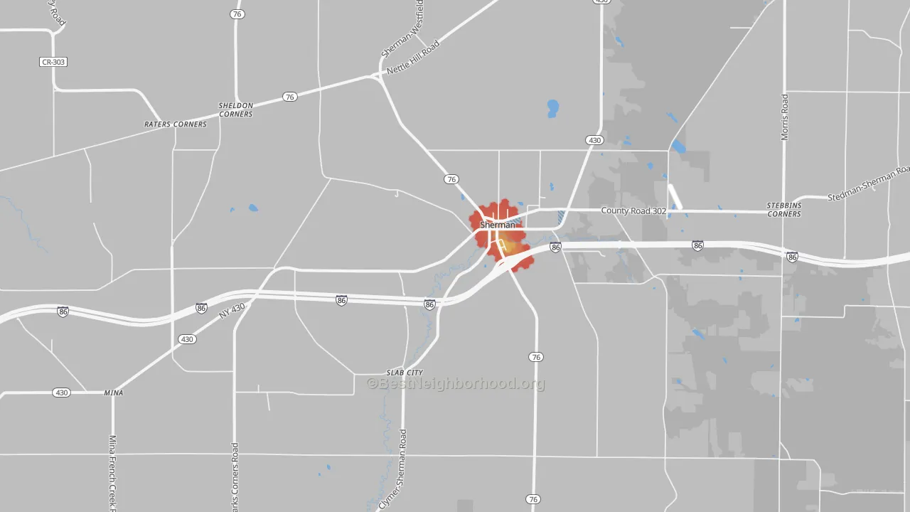 Walk Grade map of Sherman, NY, walkable areas in green and car-dependent areas in red