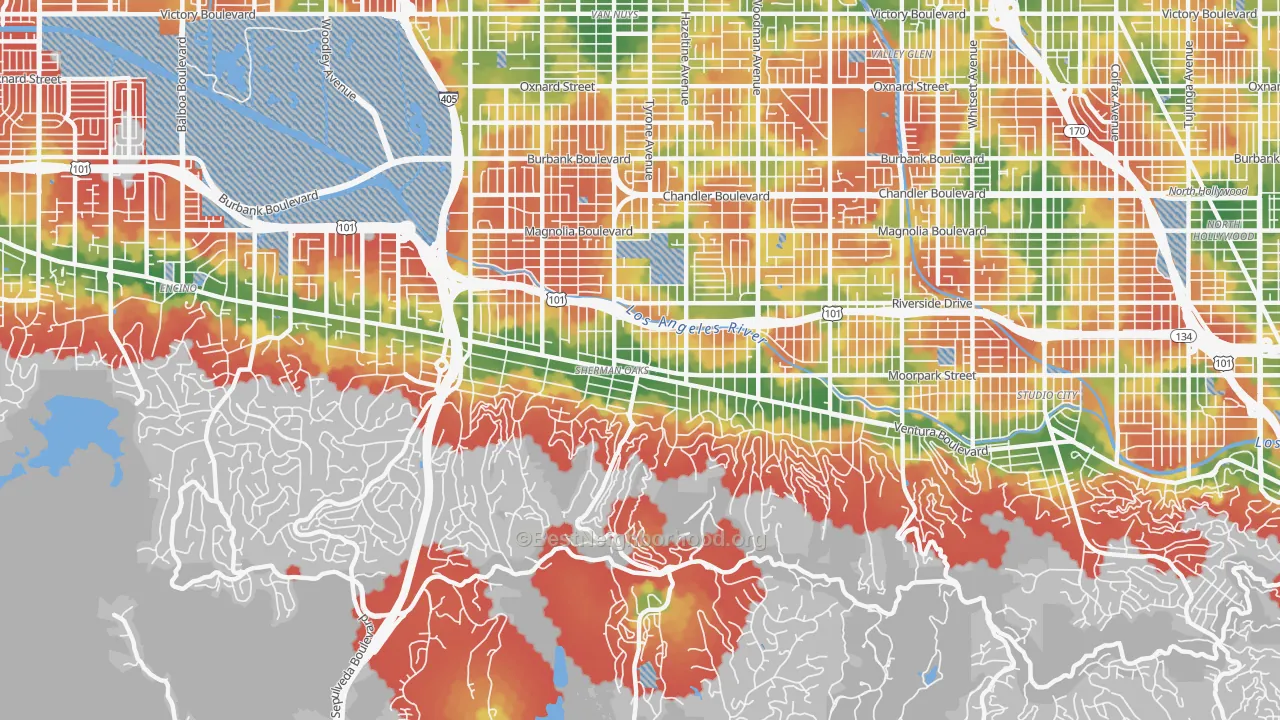 Walk Grade map of Sherman Oaks, CA, walkable areas in green and car-dependent areas in red