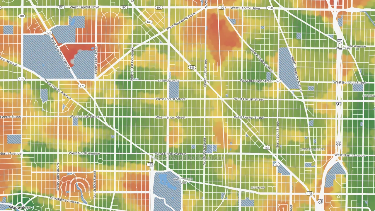 Walk Grade map of Sherman Park, Milwaukee, WI, walkable areas in green and car-dependent areas in red